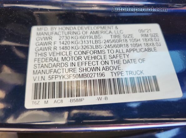 5FPYK3F50MB027196 2021 HONDA RIDGELINE Синий Вид подкапотного пространства