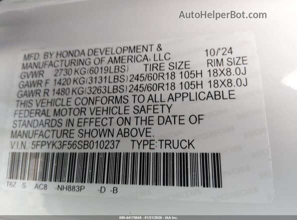 5FPYK3F56SB010237 2025 HONDA RIDGELINE Белый Вид подкапотного пространства