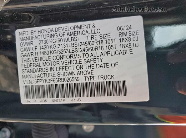 5FPYK3F65RB026559 2024 HONDA RIDGELINE Black Vista de la etiqueta del VIN