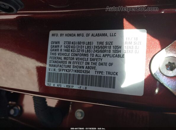 5FPYK3F71KB024354 2019 HONDA RIDGELINE Burgundy Widok komory silnika