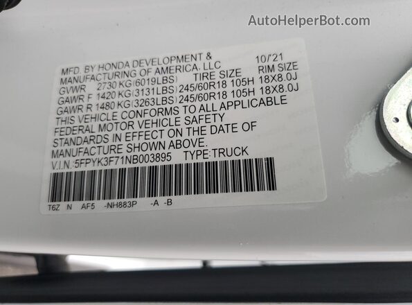 5FPYK3F71NB003895 2022 HONDA RIDGELINE Белый Вид подкапотного пространства