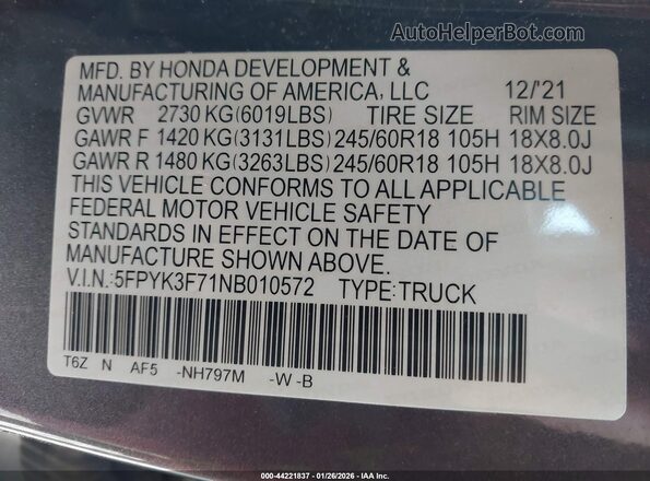 5FPYK3F71NB010572 2022 HONDA RIDGELINE Серый Вид подкапотного пространства