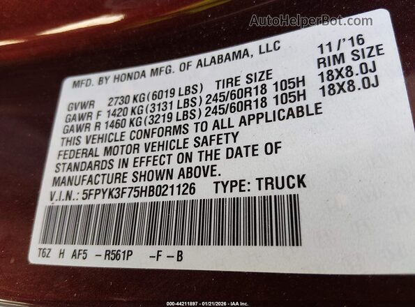 5FPYK3F75HB021126 2017 HONDA RIDGELINE Бордовый Вид подкапотного пространства