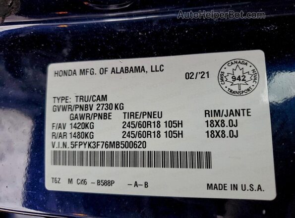 5FPYK3F76MB500620 2021 HONDA RIDGELINE Синий Вид наклейки с VIN-кодом