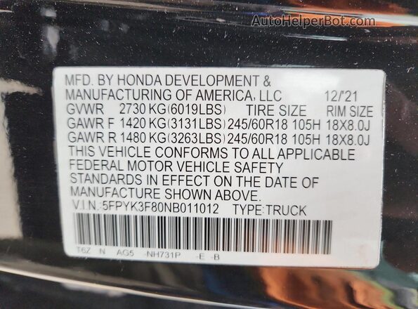 5FPYK3F80NB011012 2022 HONDA RIDGELINE Черный Вид наклейки с VIN-кодом