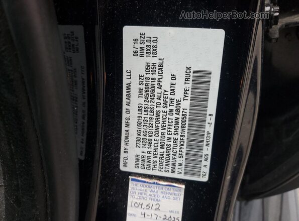 5FPYK3F81HB005871 2017 HONDA RIDGELINE Черный Вид подкапотного пространства