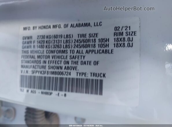5FPYK3F81MB006724 2021 HONDA RIDGELINE Белый Вид подкапотного пространства