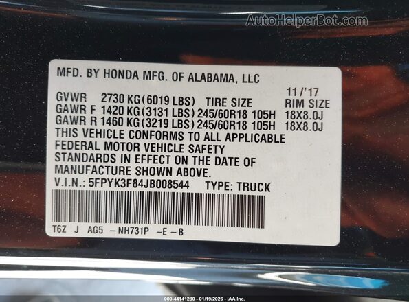 5FPYK3F84JB008544 2018 HONDA RIDGELINE Черный Вид подкапотного пространства