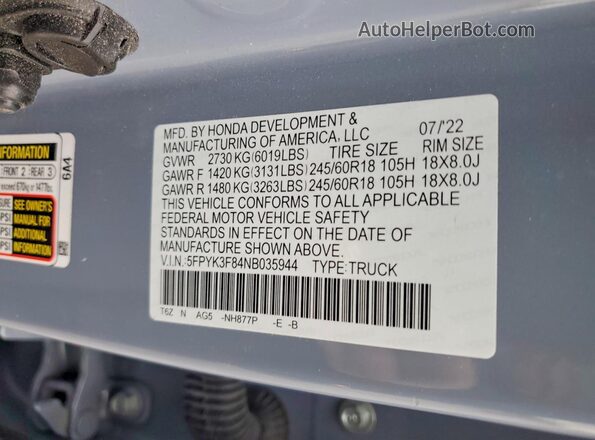5FPYK3F84NB035944 2022 HONDA RIDGELINE Синий Вид подкапотного пространства