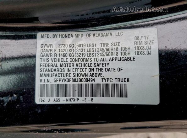 5FPYK3F88JB000494 2018 HONDA RIDGELINE Черный Вид подкапотного пространства