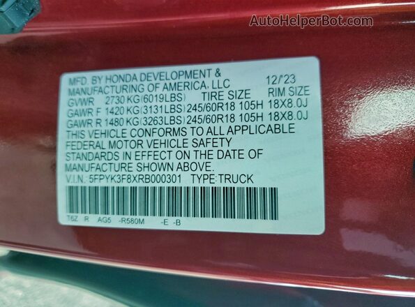 5FPYK3F8XRB000301 2024 HONDA RIDGELINE Red Widok komory silnika