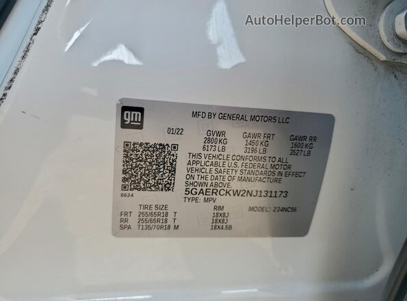 5GAERCKW2NJ131173 2022 BUICK ENCLAVE Белый Вид наклейки с VIN-кодом