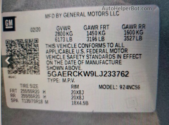 5GAERCKW9LJ233762 2020 BUICK ENCLAVE Charcoal Widok naklejki z numerem VIN