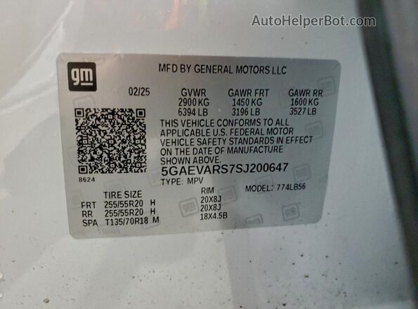 5GAEVARS7SJ200647 2025 BUICK ENCLAVE Белый Вид наклейки с VIN-кодом