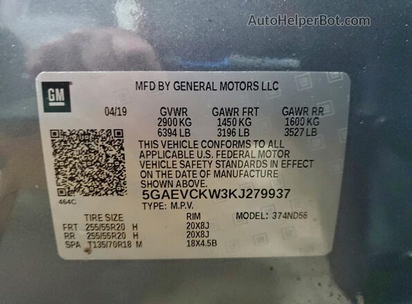 5GAEVCKW3KJ279937 2019 BUICK ENCLAVE Gray Vista interior de 360 grados