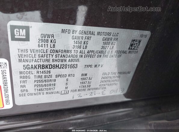 5GAKRBKD8HJ201663 2017 BUICK ENCLAVE Темно-бордовый Вид подкапотного пространства