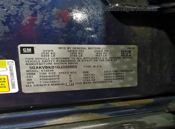 5GAKVBKD1GJ338860 2016 BUICK ENCLAVE Синий Вид наклейки с VIN-кодом