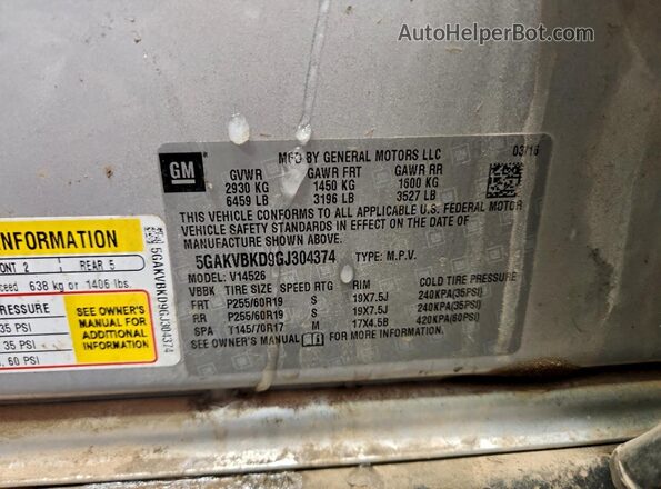 5GAKVBKD9GJ304374 2016 BUICK ENCLAVE Silver Вид наклейки з VIN-кодом