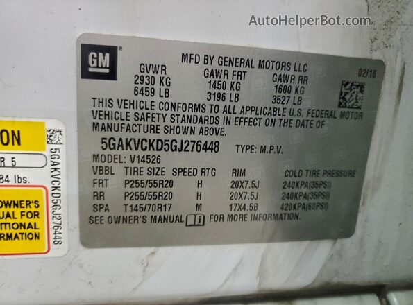5GAKVCKD5GJ276448 2016 BUICK ENCLAVE Белый Вид наклейки с VIN-кодом