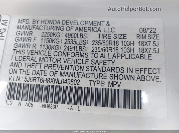 5J6RT6H8XNL049802 2022 HONDA CR-V HYBRID White Вид підкапотного простору