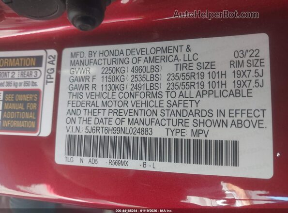 5J6RT6H99NL024883 2022 HONDA CR-V HYBRID Красный Вид подкапотного пространства
