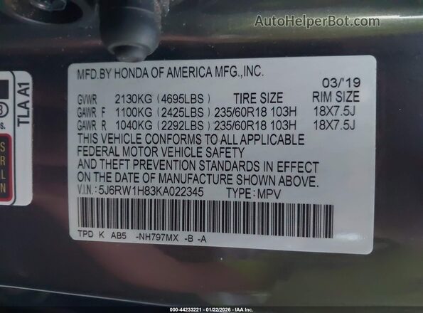5J6RW1H83KA022345 2019 HONDA CR-V Серый Вид подкапотного пространства