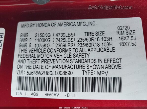 5J6RW2H80LL008690 2020 HONDA CR-V Red Widok komory silnika