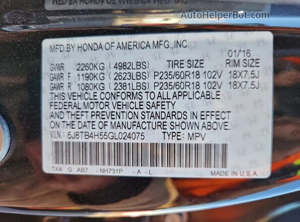 5J8TB4H55GL024075 2016 ACURA RDX Черный Вид наклейки с VIN-кодом