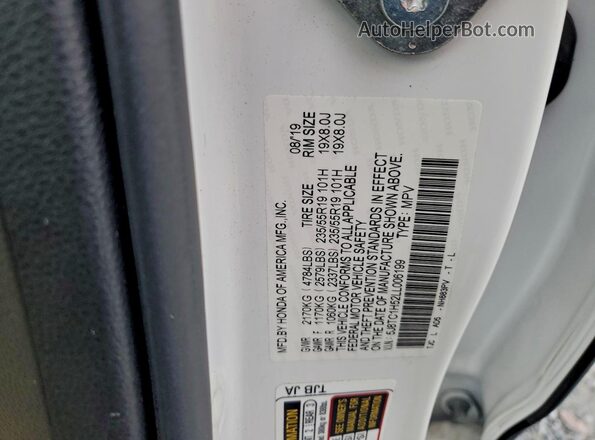 5J8TC1H52LL006199 2020 ACURA RDX White Vista de la etiqueta del VIN