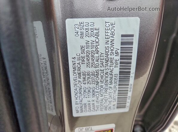 5J8TC1H62PL003513 2023 ACURA RDX Серый Вид наклейки с VIN-кодом