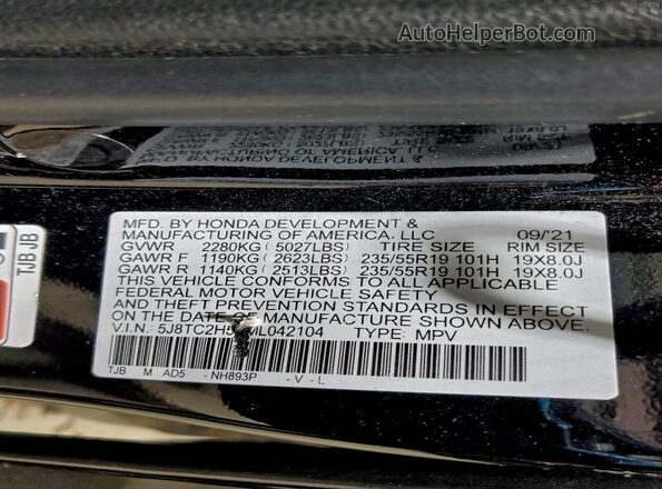 5J8TC2H53ML042104 2021 ACURA RDX Black Вид наклейки з VIN-кодом