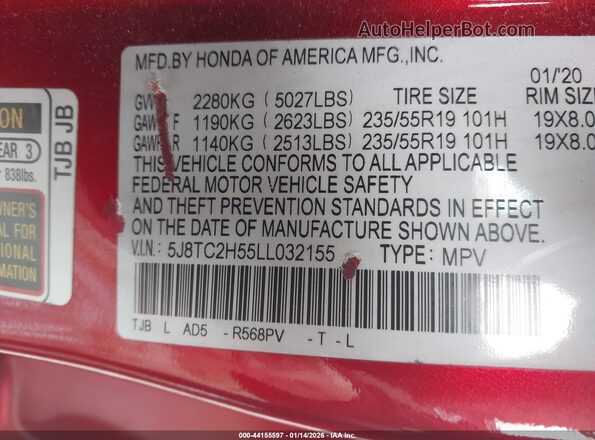 5J8TC2H55LL032155 2020 ACURA RDX Red Vista del compartimento del motor
