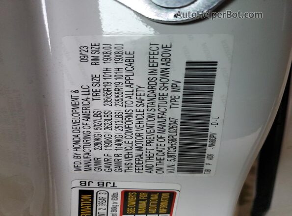 5J8TC2H58PL026047 2023 ACURA RDX White Вид наклейки з VIN-кодом