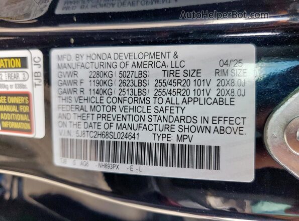 5J8TC2H68SL024641 2025 ACURA RDX Black Vista de la etiqueta del VIN