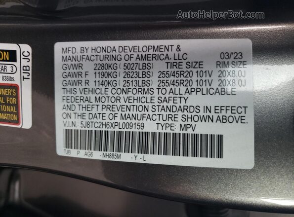 5J8TC2H6XPL009159 2023 ACURA RDX Серый Вид наклейки с VIN-кодом