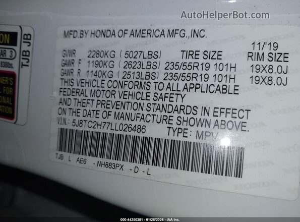 5J8TC2H77LL026486 2020 ACURA RDX Белый Вид подкапотного пространства