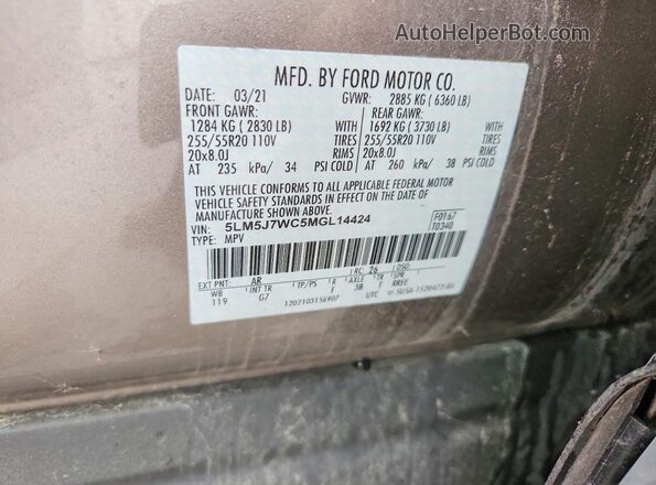 5LM5J7WC5MGL14424 2021 LINCOLN AVIATOR Бежевый Вид наклейки с VIN-кодом