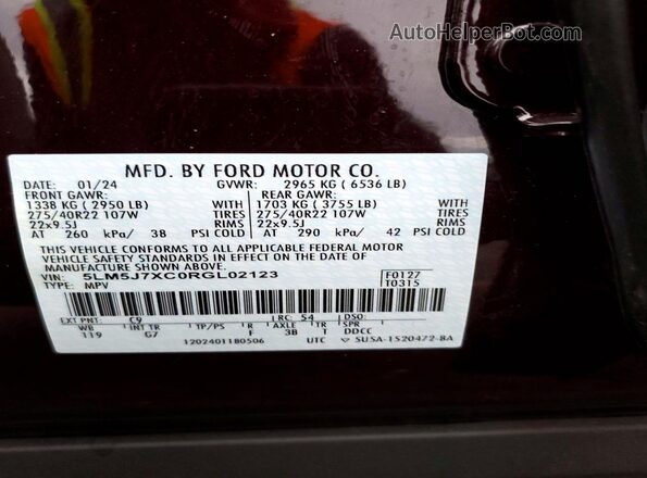 5LM5J7XC0RGL02123 2024 LINCOLN AVIATOR Бордовый Вид наклейки с VIN-кодом