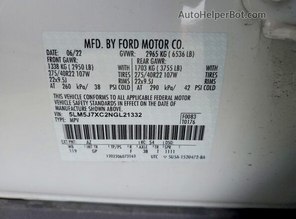 5LM5J7XC2NGL21332 2022 LINCOLN AVIATOR Белый Вид подкапотного пространства
