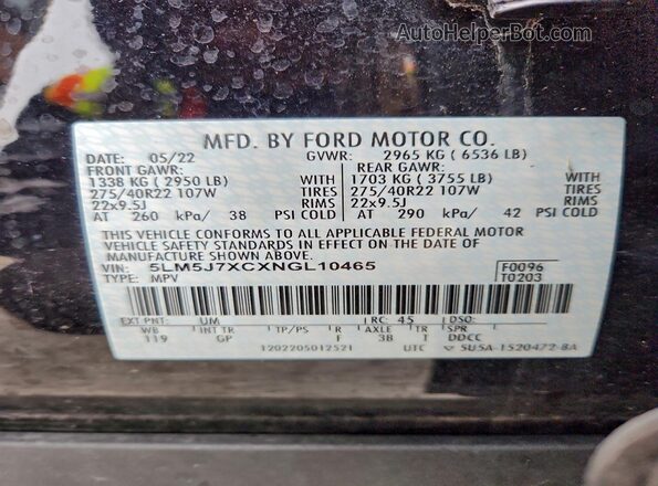 5LM5J7XCXNGL10465 2022 LINCOLN AVIATOR Черный Вид наклейки с VIN-кодом