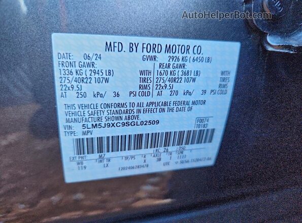 5LM5J9XC9SGL02509 2025 LINCOLN AVIATOR Gray Widok naklejki z numerem VIN