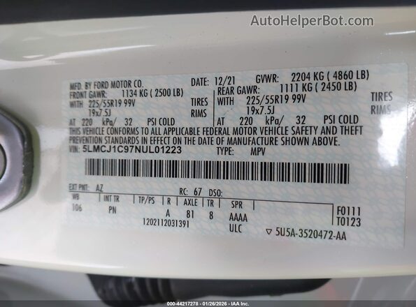 5LMCJ1C97NUL01223 2022 LINCOLN CORSAIR Белый Вид подкапотного пространства