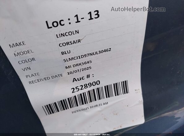5LMCJ1D97NUL30462 2022 LINCOLN CORSAIR Blue Vista del compartimento del motor