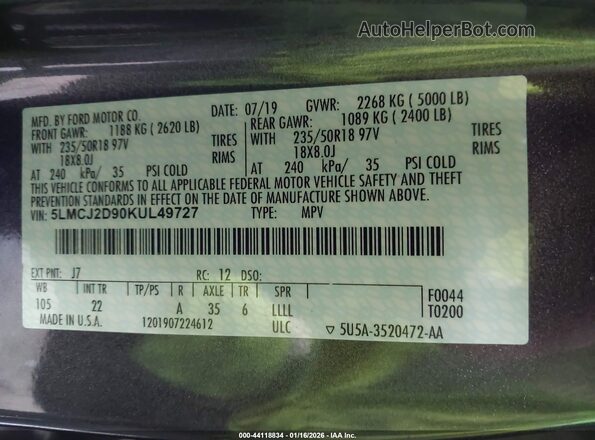 5LMCJ2D90KUL49727 2019 LINCOLN MKC Gray Widok komory silnika