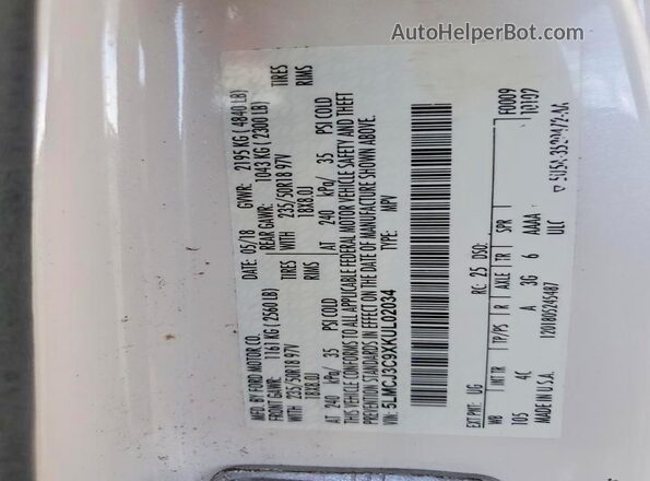 5LMCJ3C9XKUL02034 2019 LINCOLN MKC White Vista de la etiqueta del VIN