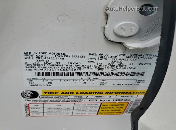 5LMJJ2LT1LEL18941 2020 LINCOLN NAVIGATOR Белый Вид наклейки с VIN-кодом
