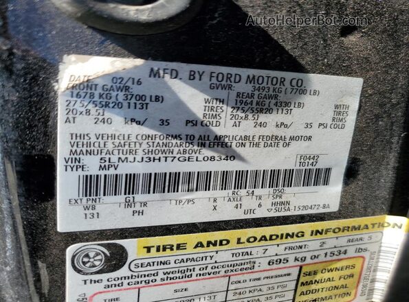 5LMJJ3HT7GEL08340 2016 LINCOLN NAVIGATOR Черный Вид наклейки с VIN-кодом
