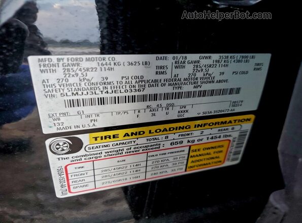 5LMJJ3LT4JEL03367 2018 LINCOLN NAVIGATOR Black Widok naklejki z numerem VIN