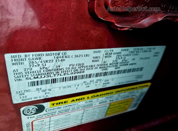 5LMJJ3LT7LEL02989 2020 LINCOLN NAVIGATOR Красный Вид наклейки с VIN-кодом