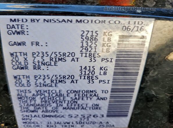 5N1AL0MN6GC525263 2016 INFINITI QX60 Черный Вид наклейки с VIN-кодом